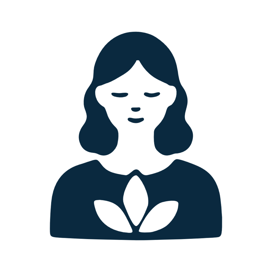 Symbol einer Person mit geschlossenen Augen und einem Blattmotiv auf der Brust.
