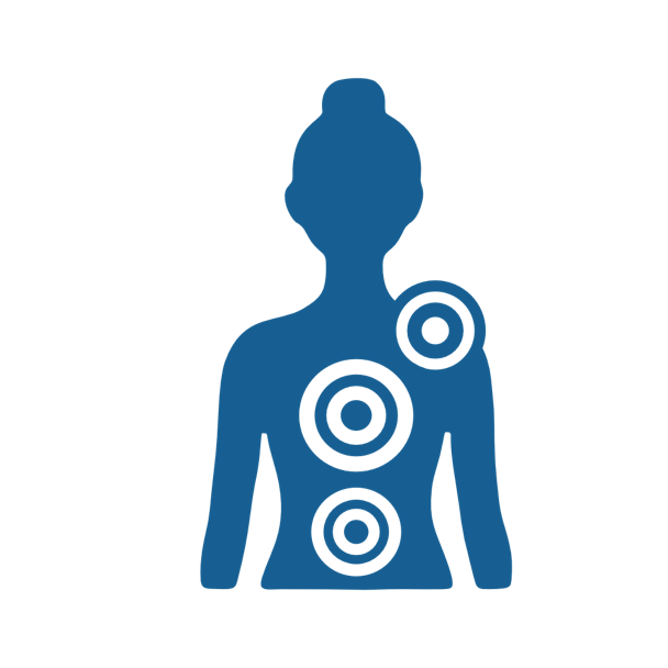 Blaue Silhouette einer Person mit drei Zielscheiben auf R&uuml;cken und Schulter.