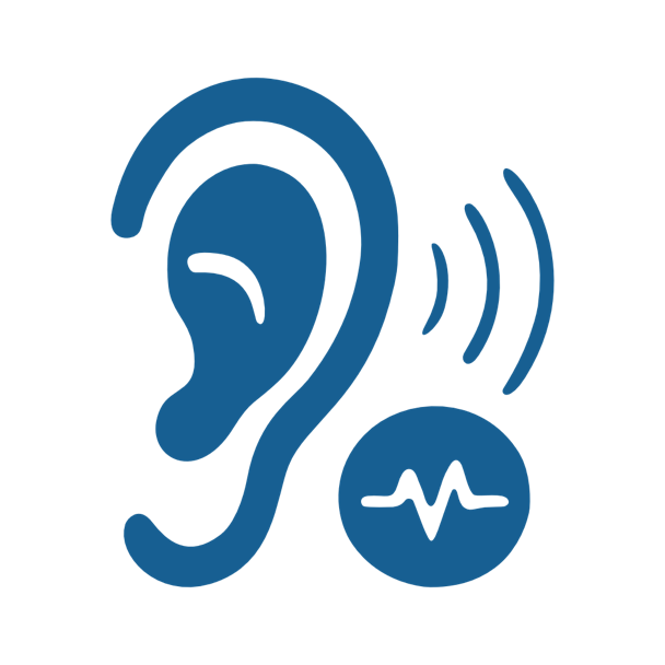 Blaues Symbol eines Ohrs mit Schallwellen und einem Kreis mit einer Herzschlaglinie.