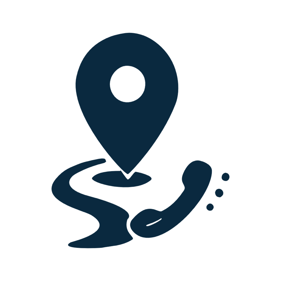 Ein dunkelblaues Symbol mit einem Standortmarker, einer geschwungenen Stra&szlig;e und einem Telefonh&ouml;rer auf wei&szlig;em Hintergrund.