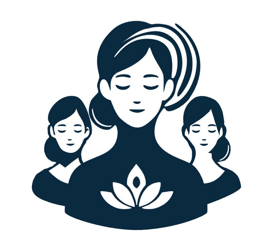 Drei stilisierte Personen mit geschlossenen Augen, die in einer meditativen Haltung dargestellt sind, mit einem Lotus-Symbol auf der Brust der vorderen Person.