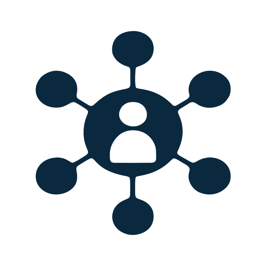 Ein Symbol mit einer zentralen Figur, umgeben von sechs gleichm&auml;&szlig;ig verteilten Kreisen, die durch Linien verbunden sind.
